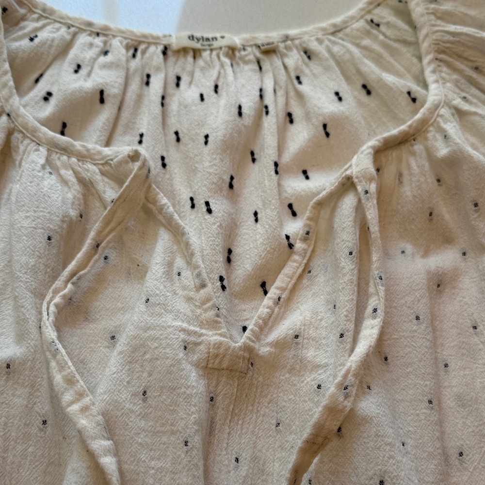 Dylan Boho Pheasant 100% Cotton Tie Neck Cream Blouse, Delicate Dots, Size L - Picture 8 of 11